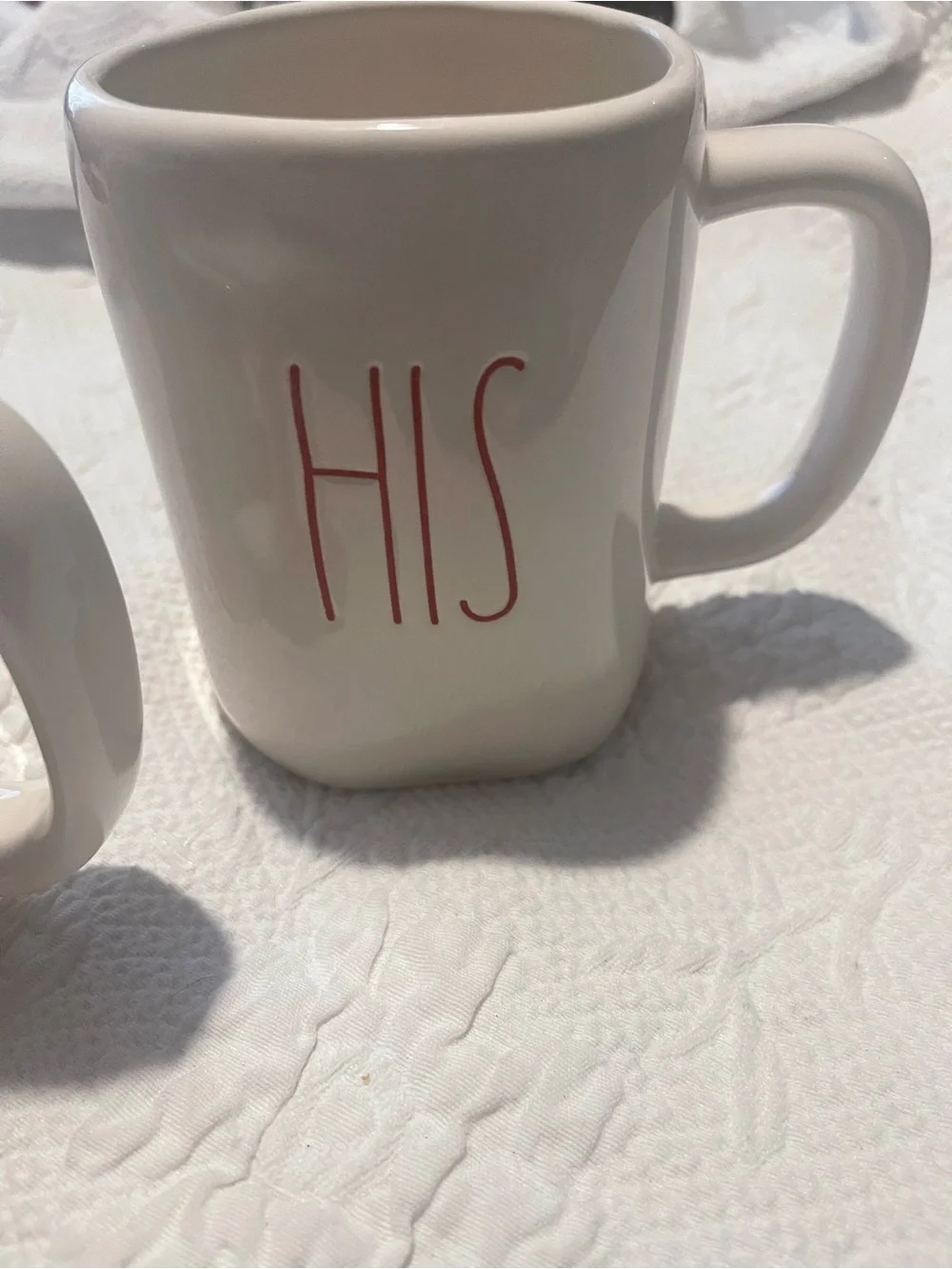 Rae Dunn White Ceramic Mug Set with Black Stamp His&Hers in red almost 5” High